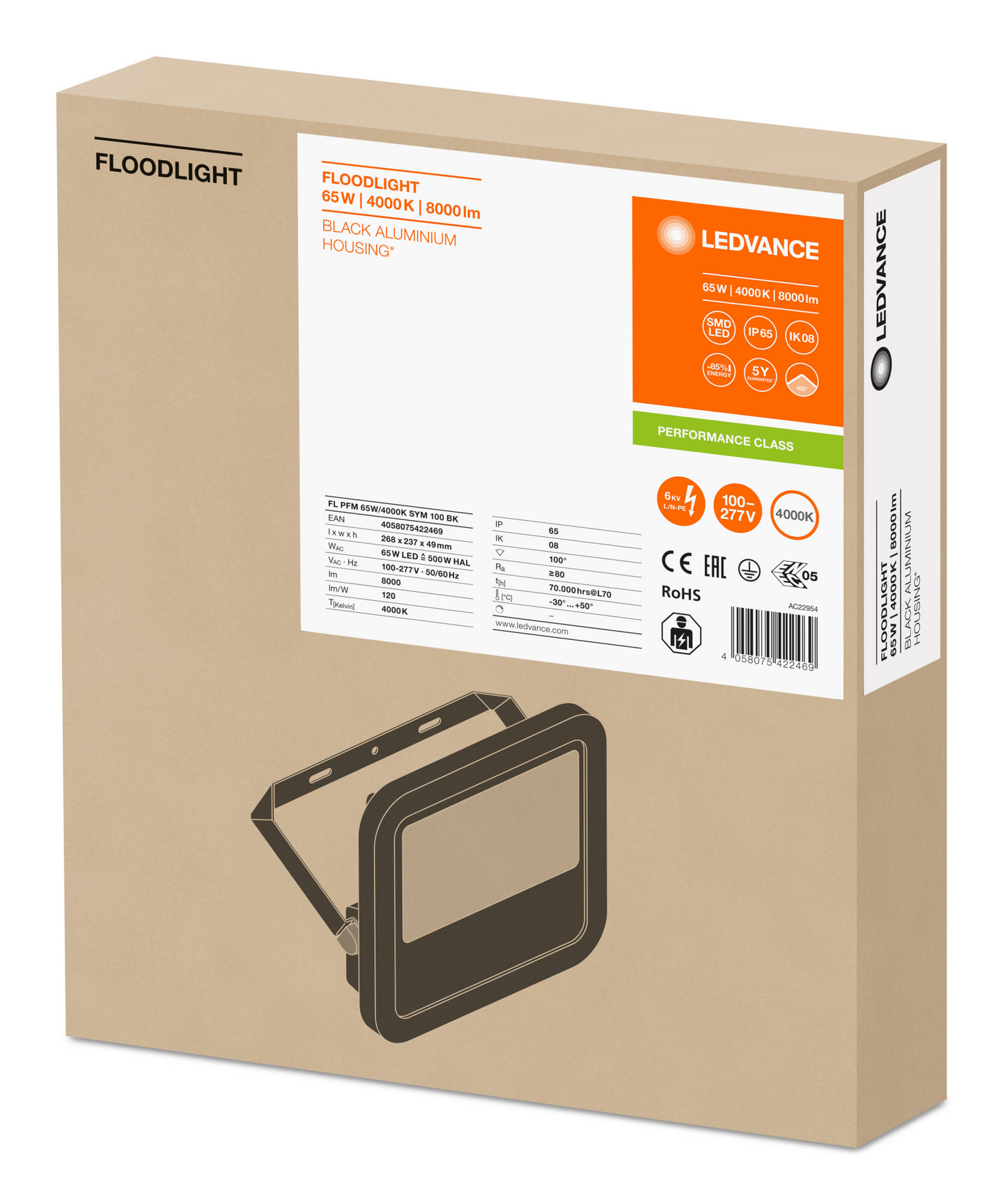 Valonheitin LEDVANCE Floodlight Fl Pfm 65w 4000k Sym 8000lm