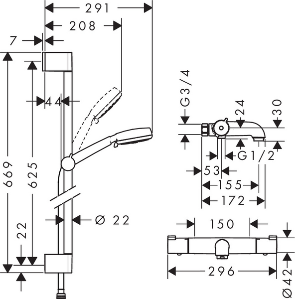 Combisetti Hansgrohe 26699400 Ecostat Vario EcoSmart amme/suihkutermostaatilla