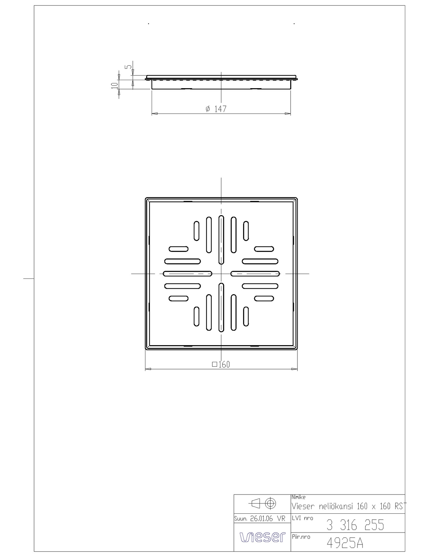 Lattiakaivon kansi Vieser 160x160mm rst