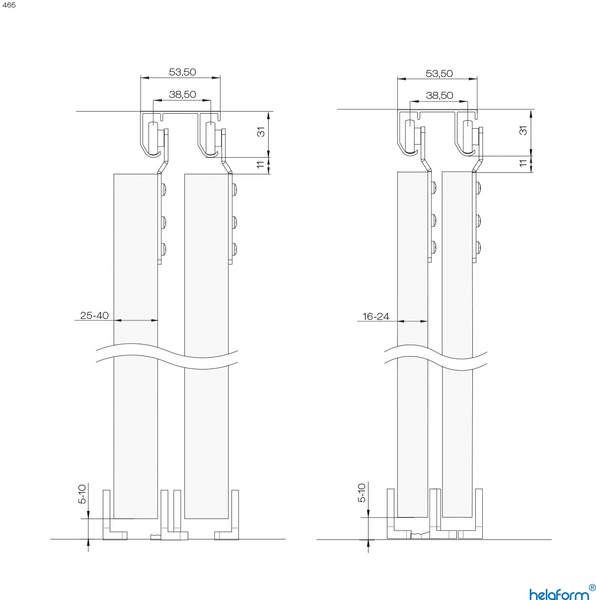 Liukuovikiskosetti Helaform kolmelle kalusteovelle 465/2400mm