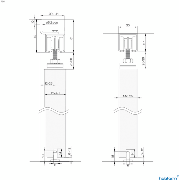 Liukuovikiskosetti Helaform 755/2400mm maks. 100 kg ovelle