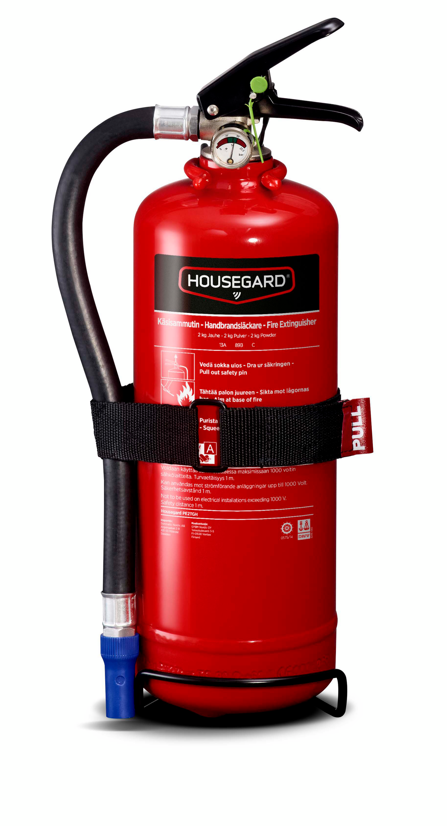 Jauhesammutin Housegard 2kg 13A 89B C sisältää letku, hihna ja teline