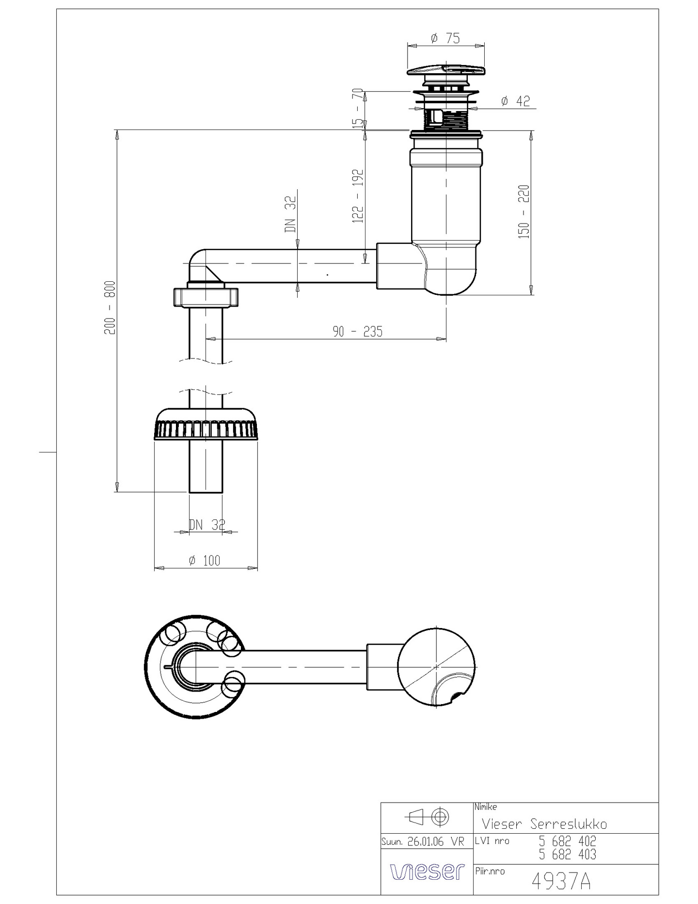 Pesualtaan erikoisvesilukko Vieser 32mm kromattu tulppa