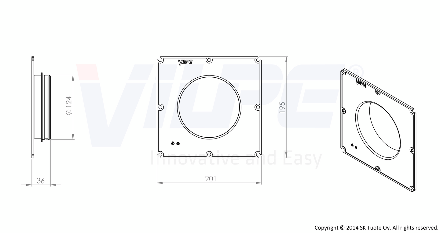 Putkiyhde VILPE 125mm säleikkö 240x240mm