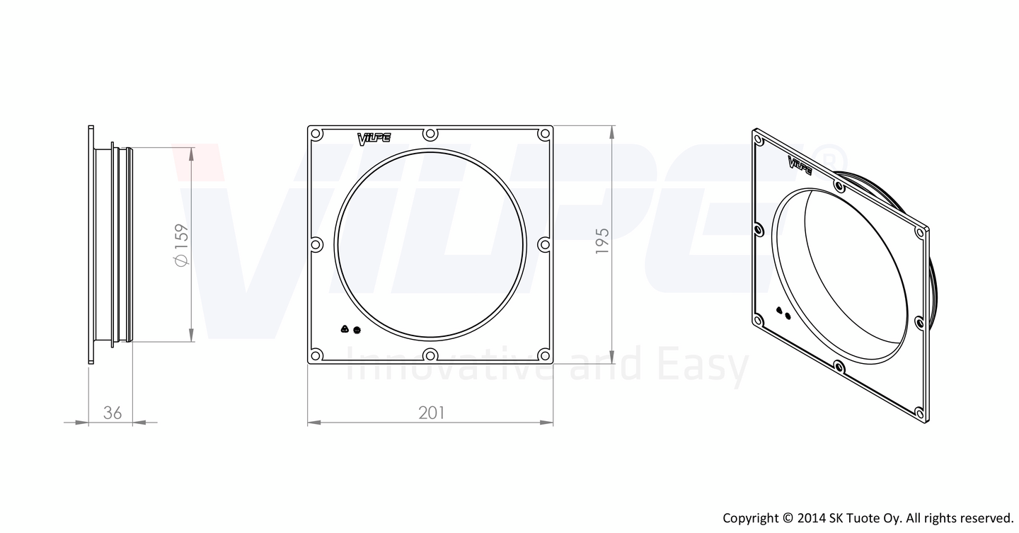 Putkiyhde VILPE 160mm säleikkö 240x240mm