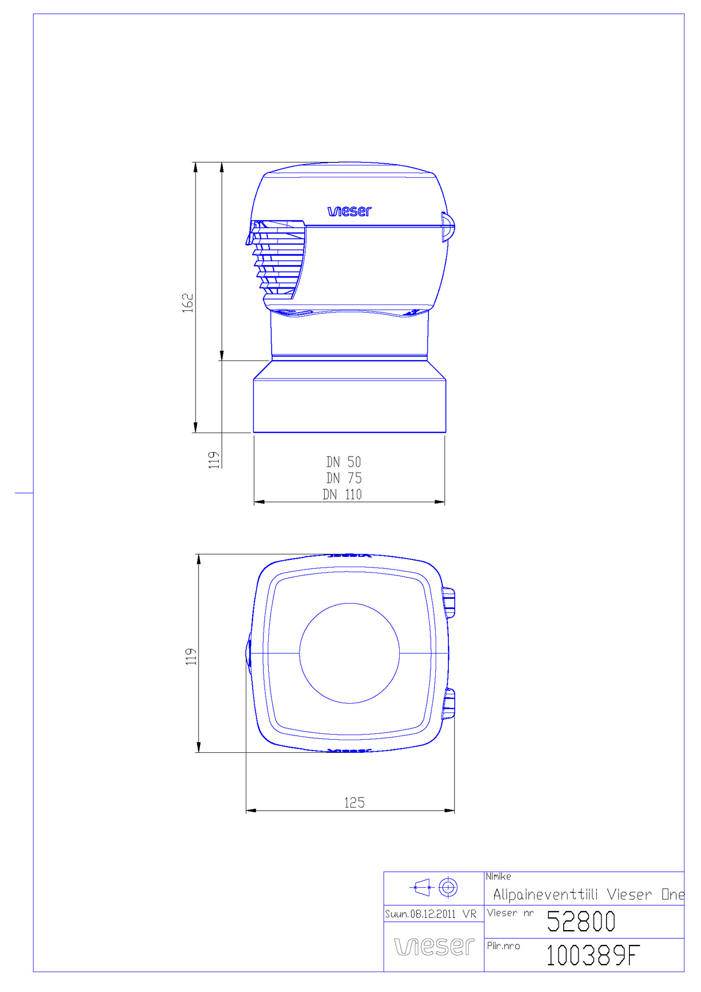 Alipaineventtiili Vieser One 50/75/110