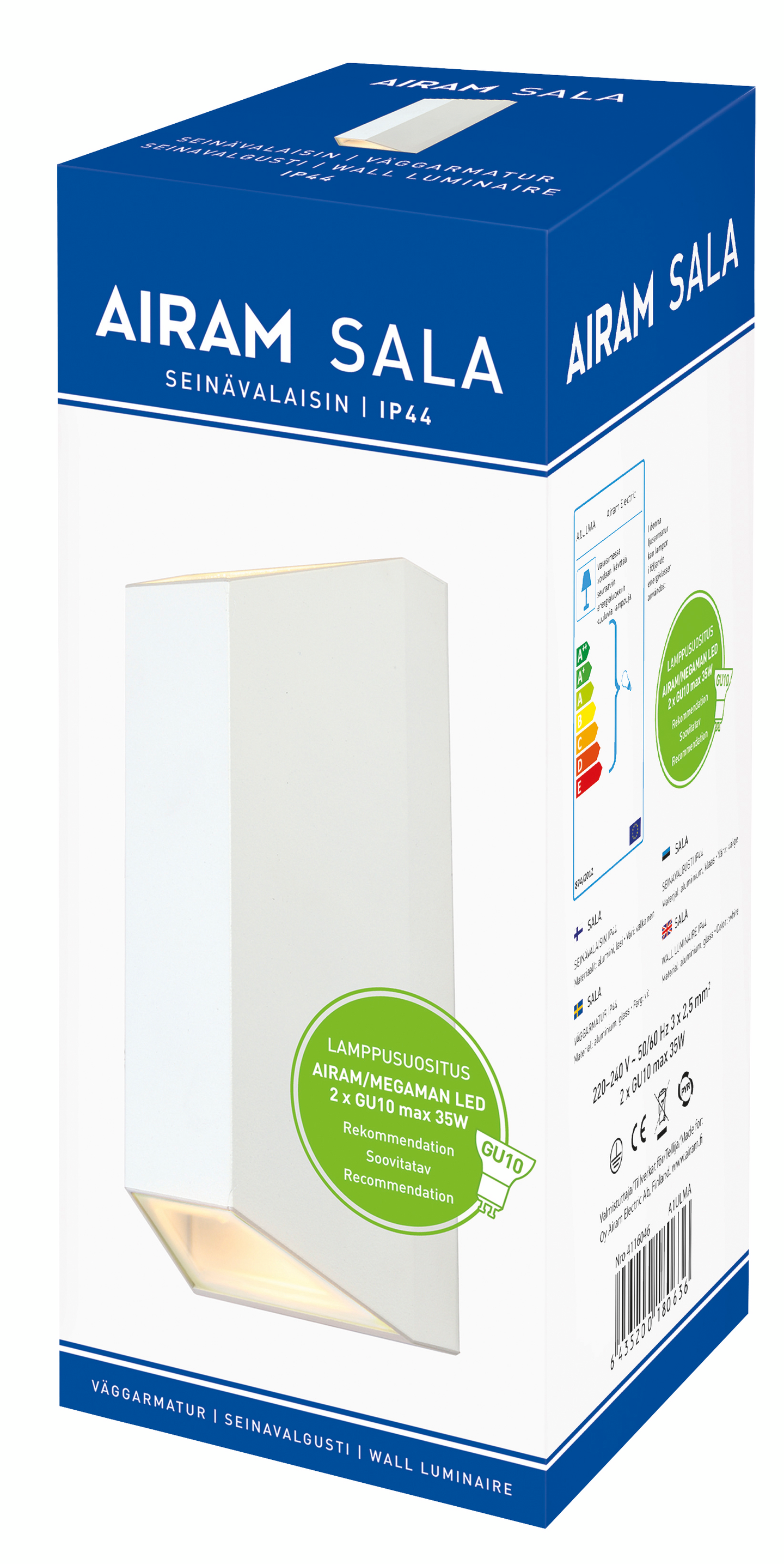 Ulkoseinävalaisin Airam Sala 2xGU10 IP44 valkoinen