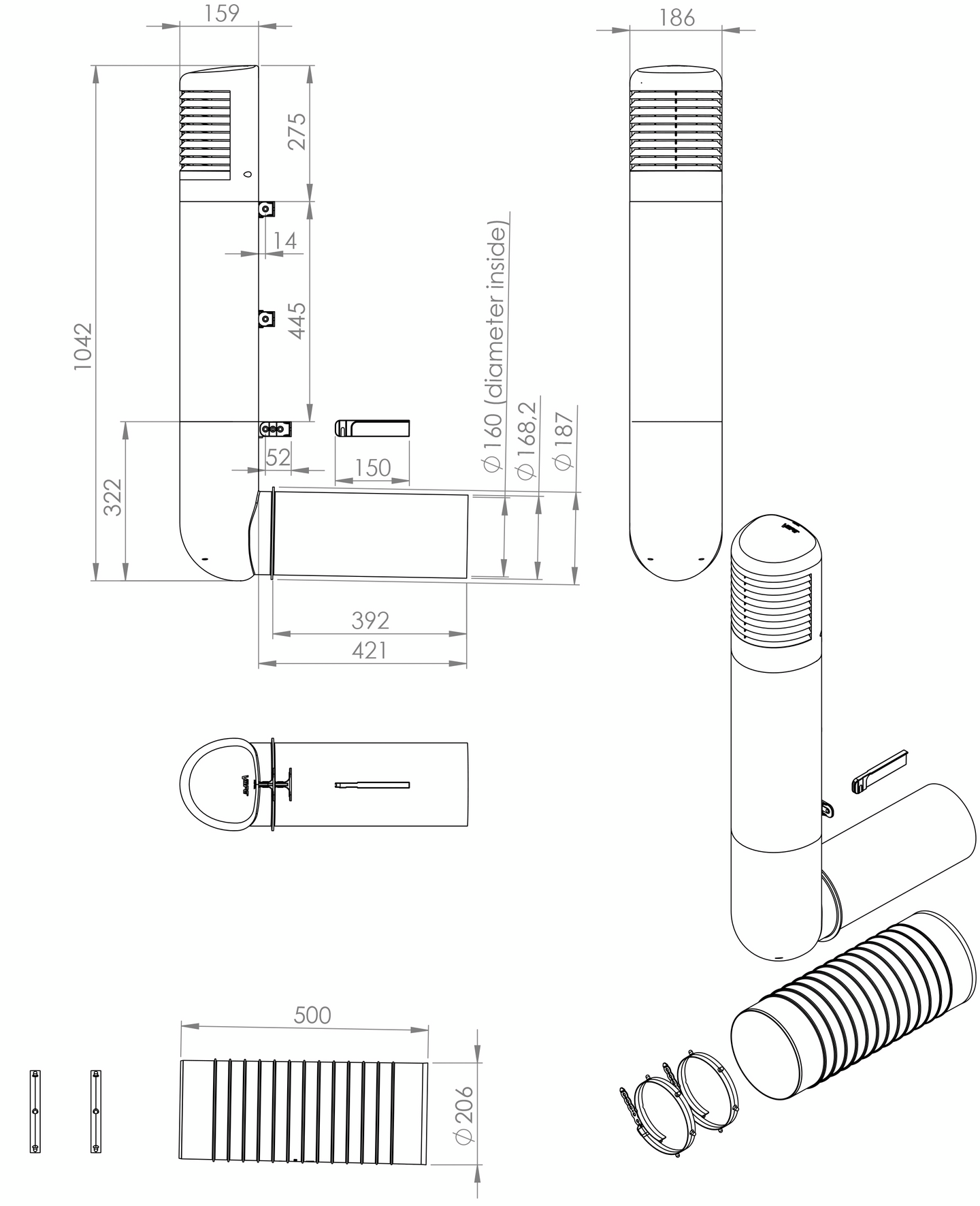 Tuuletuspaalu PROF 160/170mm vaaleanharmaa
