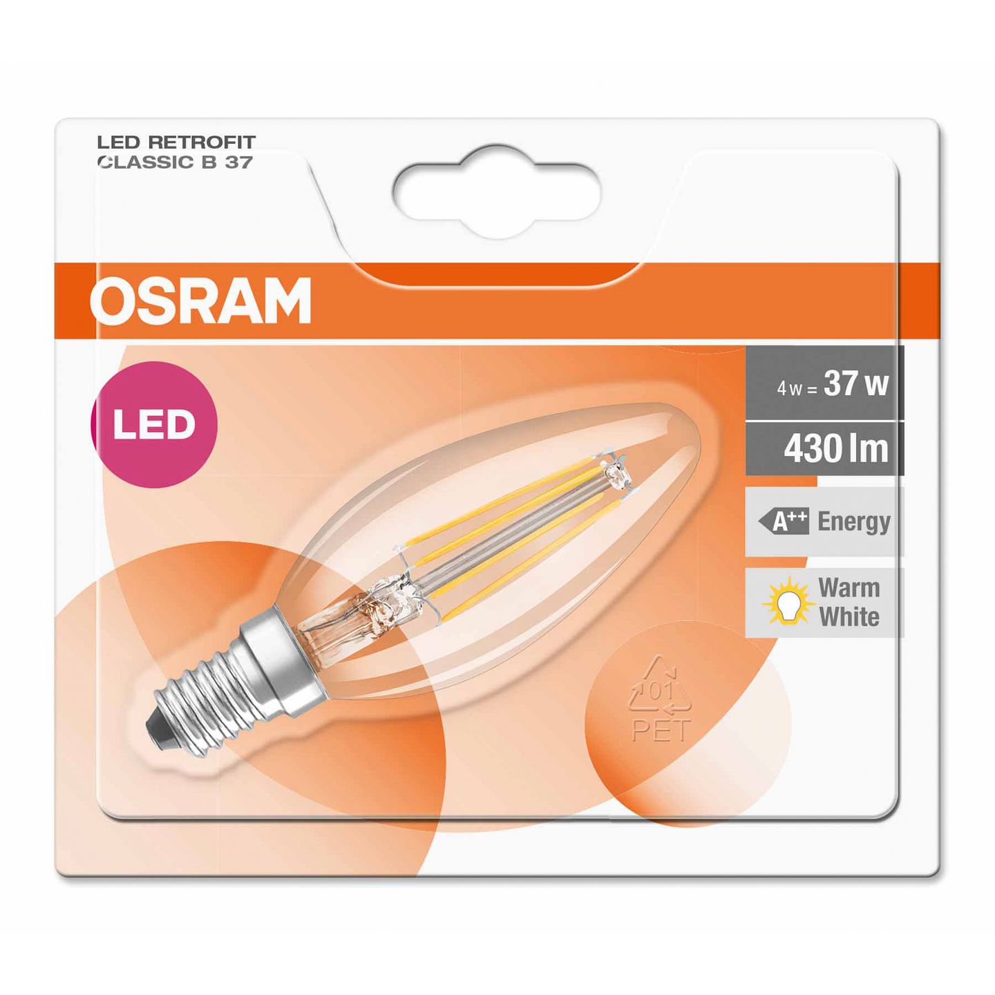 Led-kynttilälamppu Osram Retrofit B37 430lm 827 E14 Fil