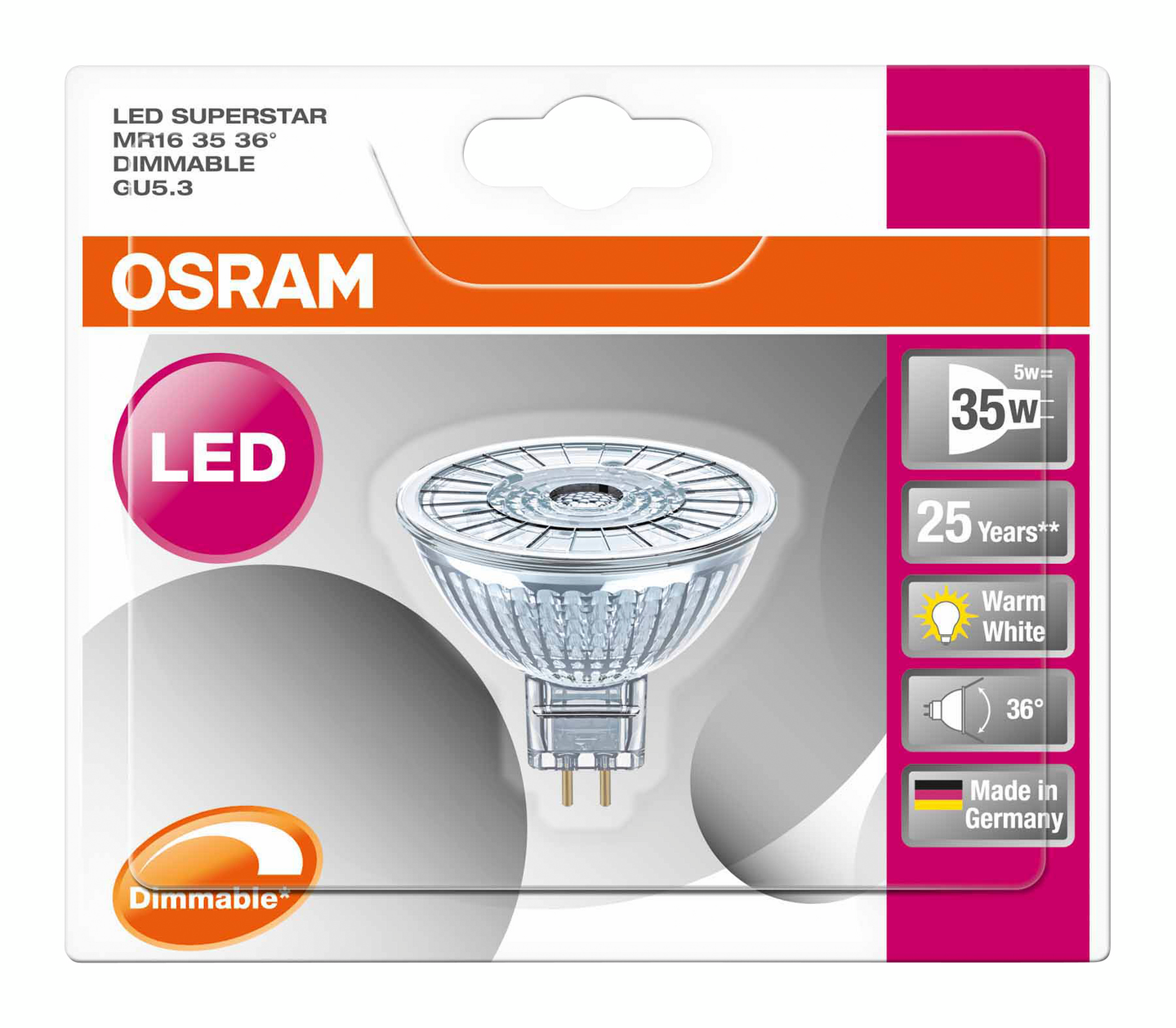 LED-LAMPA 4,8W GU5,3 MR16 DIM GLAS 36GR 827 OSRAM 5W