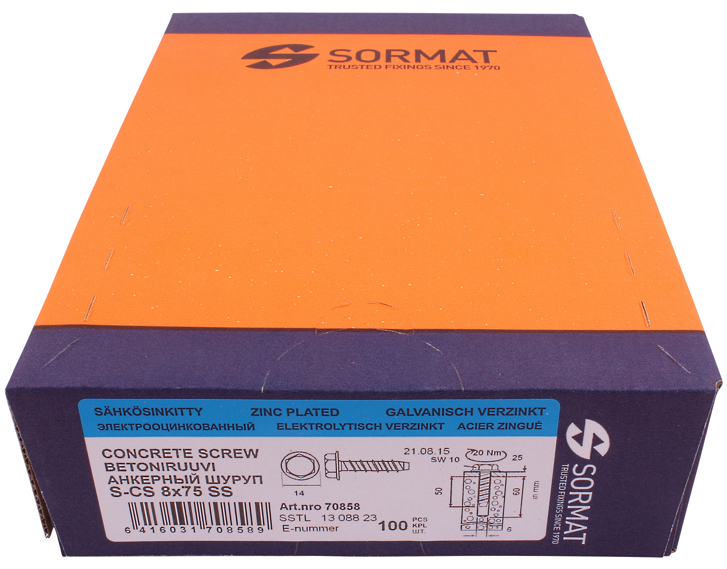 Betoniruuvi Sormat 8x75 HEX S-CS SS 100kpl