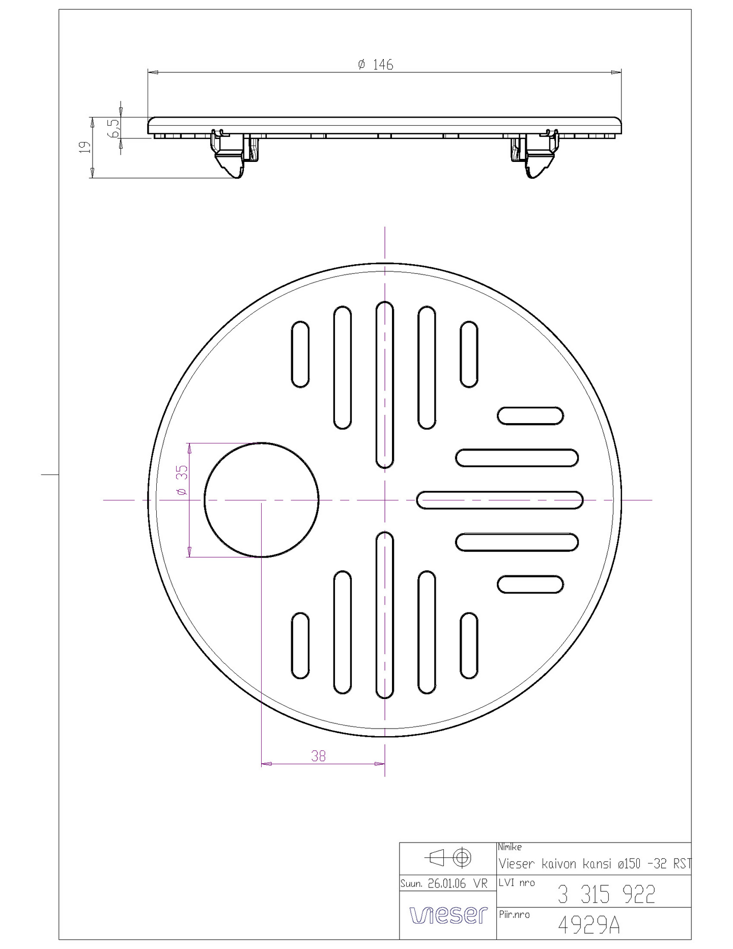 Lattiakaivon kansi Vieser 150 rst pyöreä 32mm putkilähtö