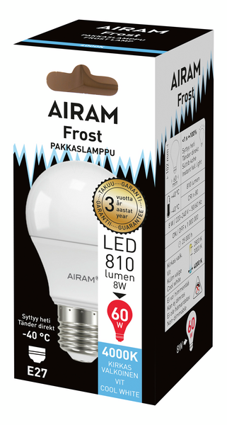 Led-pakkaslamppu Airam 8,5W E27 810lm 4000K -40C