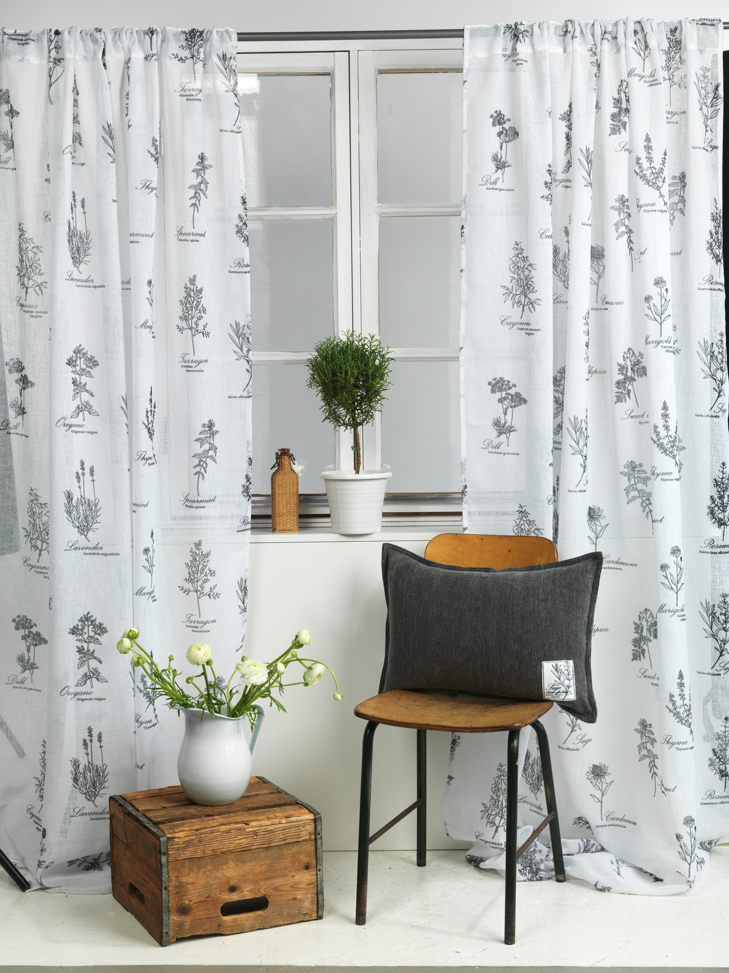 Sivuverho Cello Herbarium valkoinen