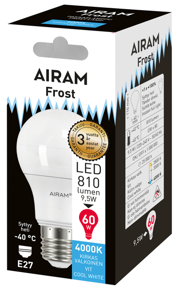 Led-pakkaslamppu Airam 8,5W 806lm E27 2800K -40C