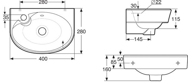 Pesuallas IDO Glow 400mm oikea pyöristetty 1156001101