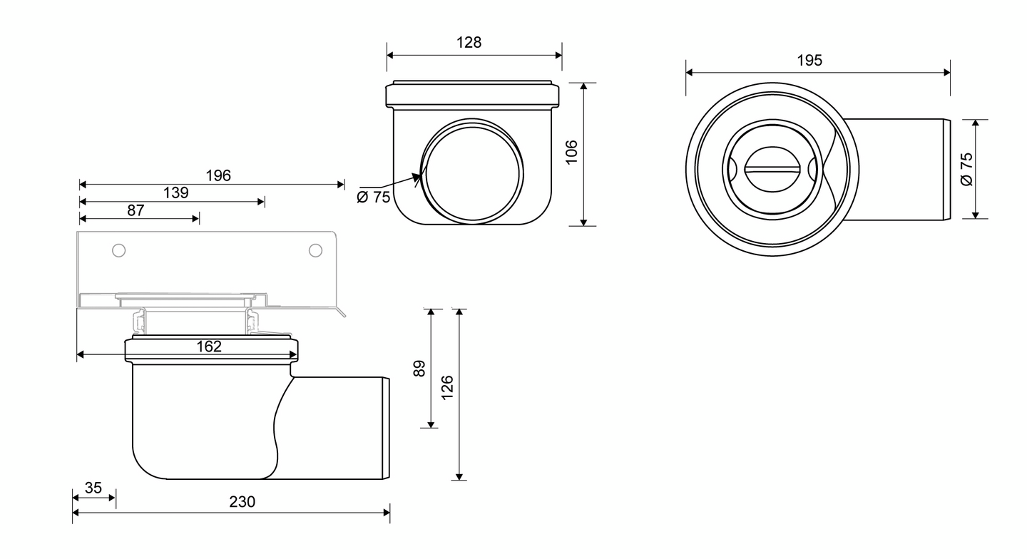 Vaakakaivo Unidrain kulma 2411 75mm
