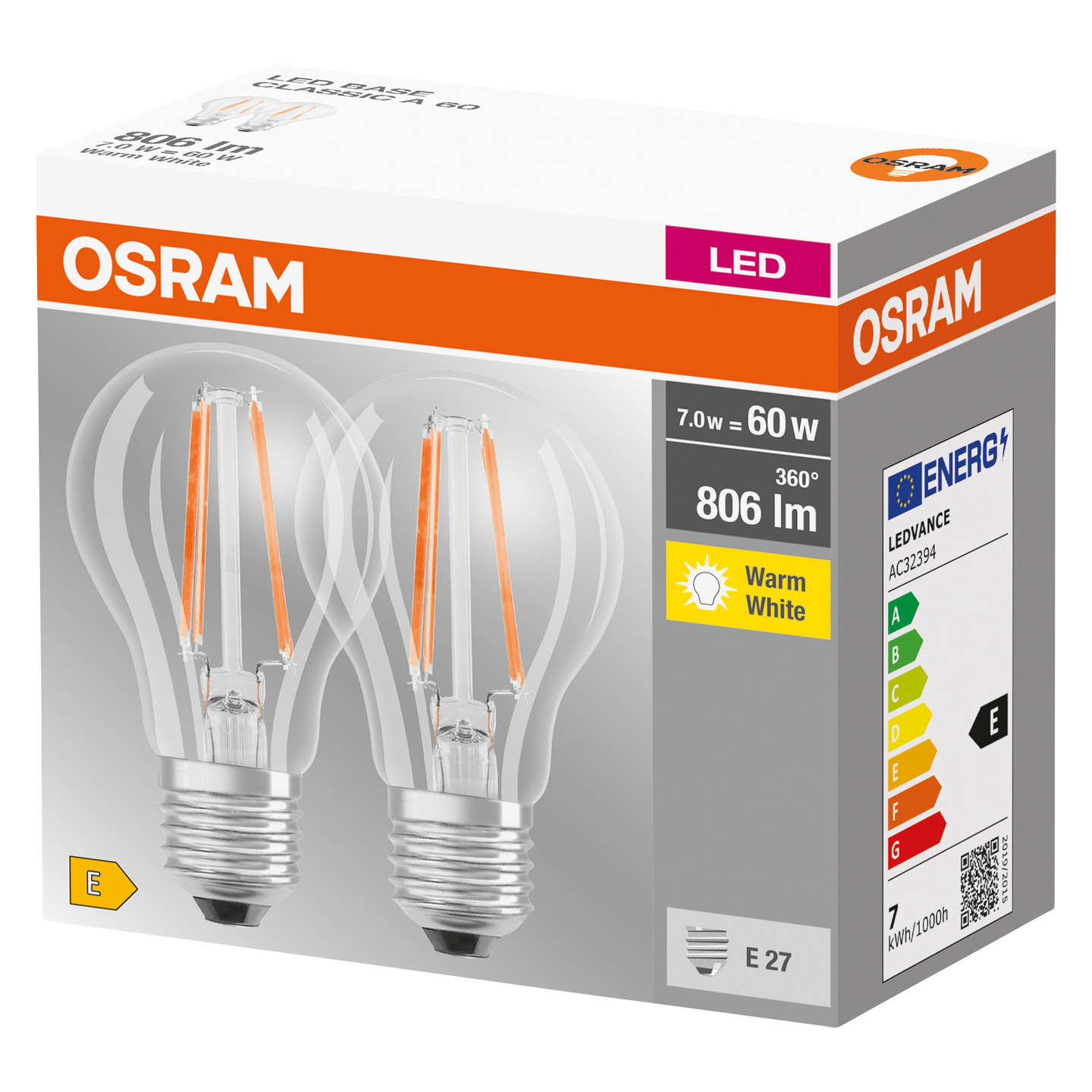 Led-lamppu OSRAM Retrofit Base A60 806lm 827 E27 2kpl