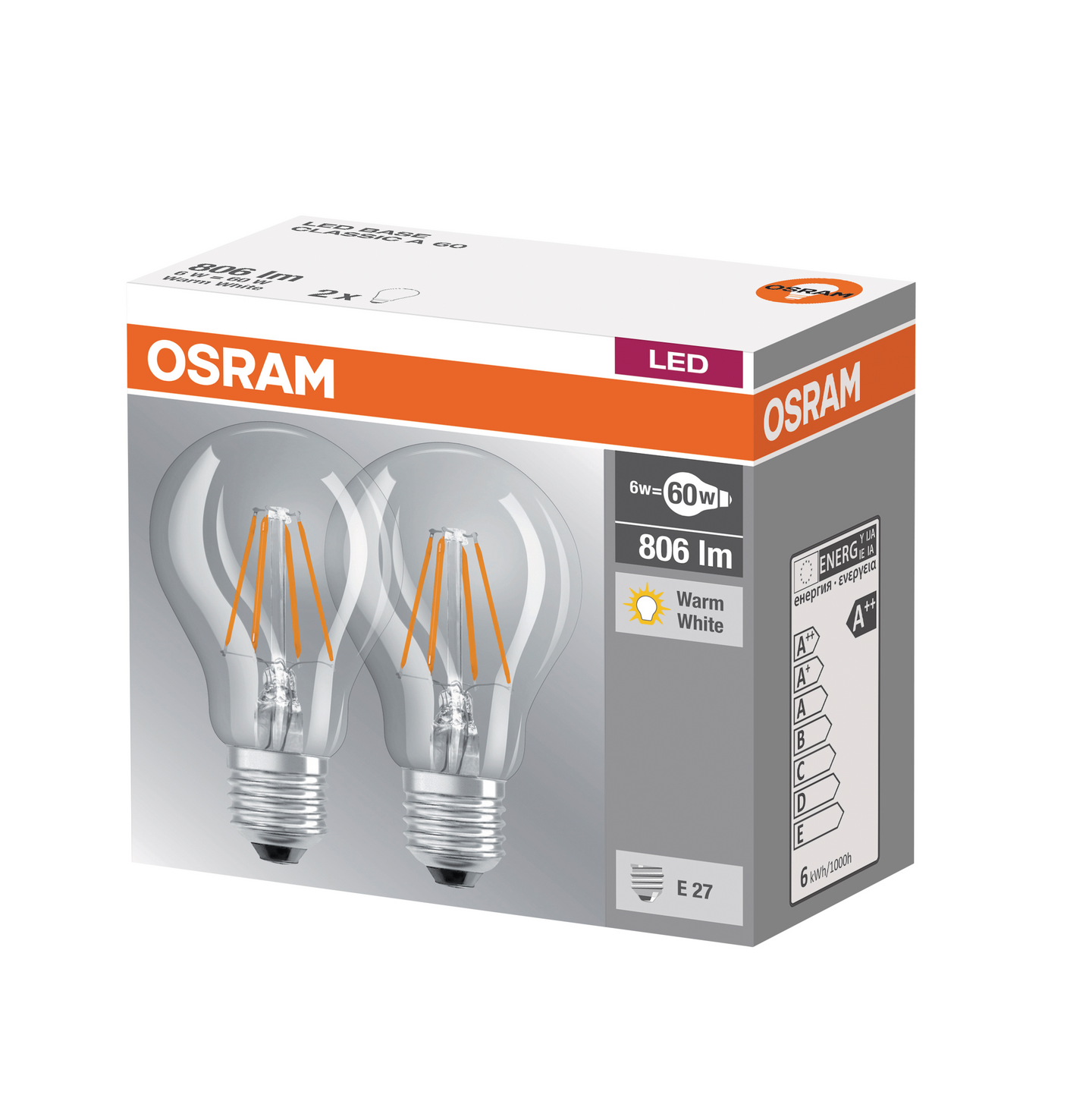 Led-lamppu OSRAM Retrofit Base A60 806lm 827 E27 2kpl