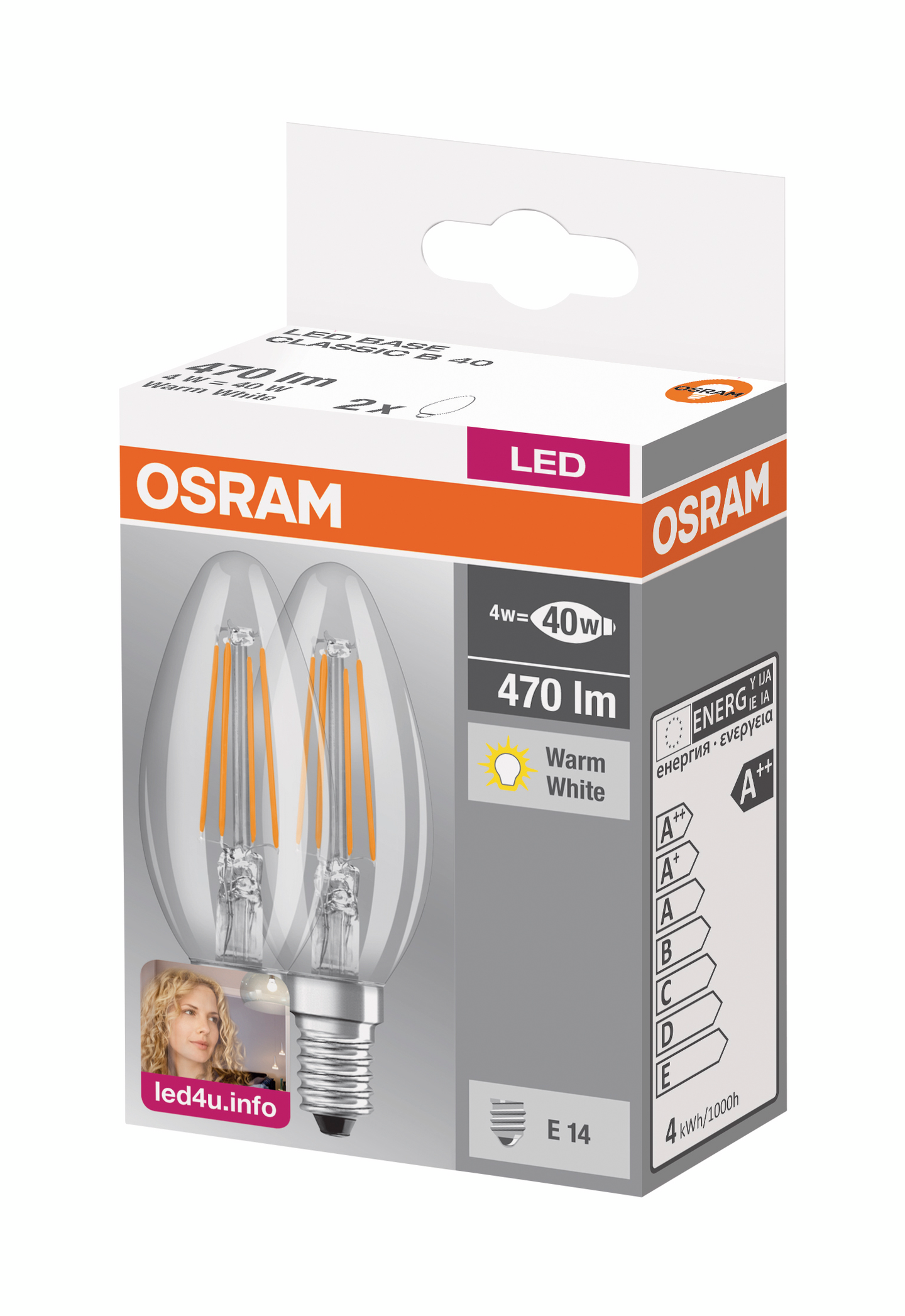 Led-lamppu OSRAM Retrofit Base B40 470lm 827 E14 2kpl