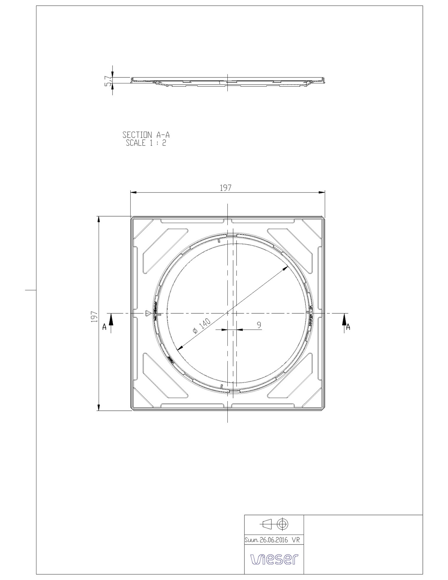 Neliökansi Vieser Modern 197x197mm säädettävällä teräskehyksellä