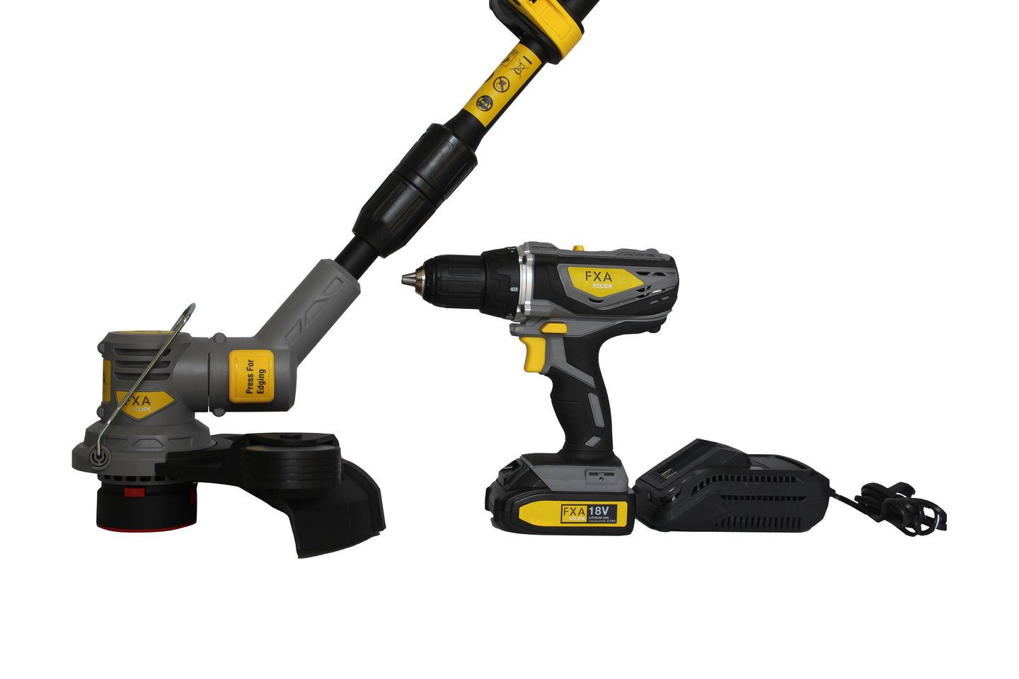 Pihakombokit FXA XCLICK 18V akkutrimmeri + akkuporakone