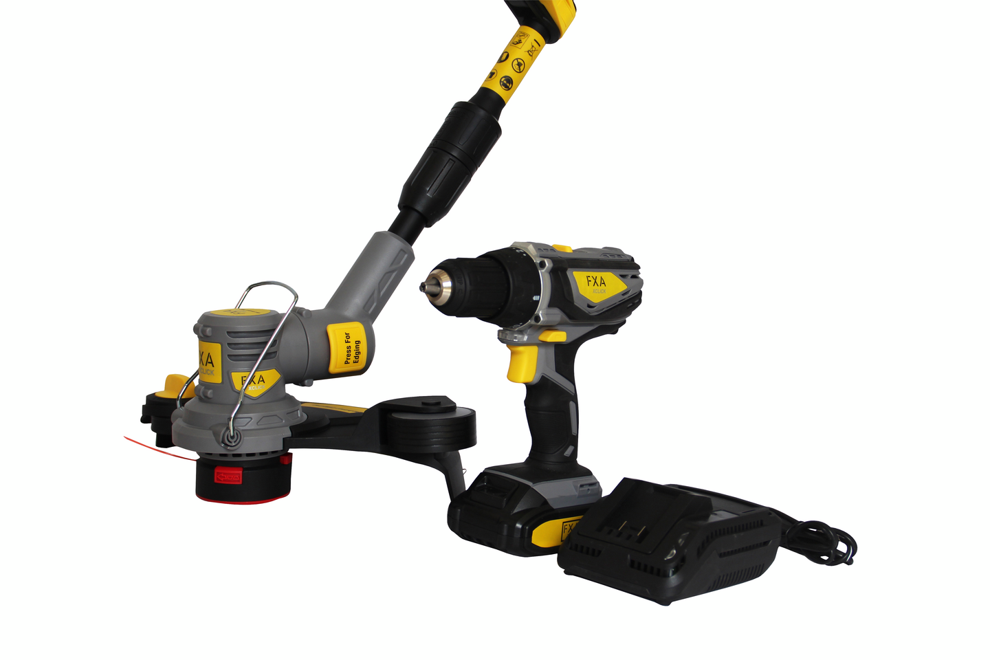 Pihakombokit FXA XCLICK 18V akkutrimmeri + akkuporakone