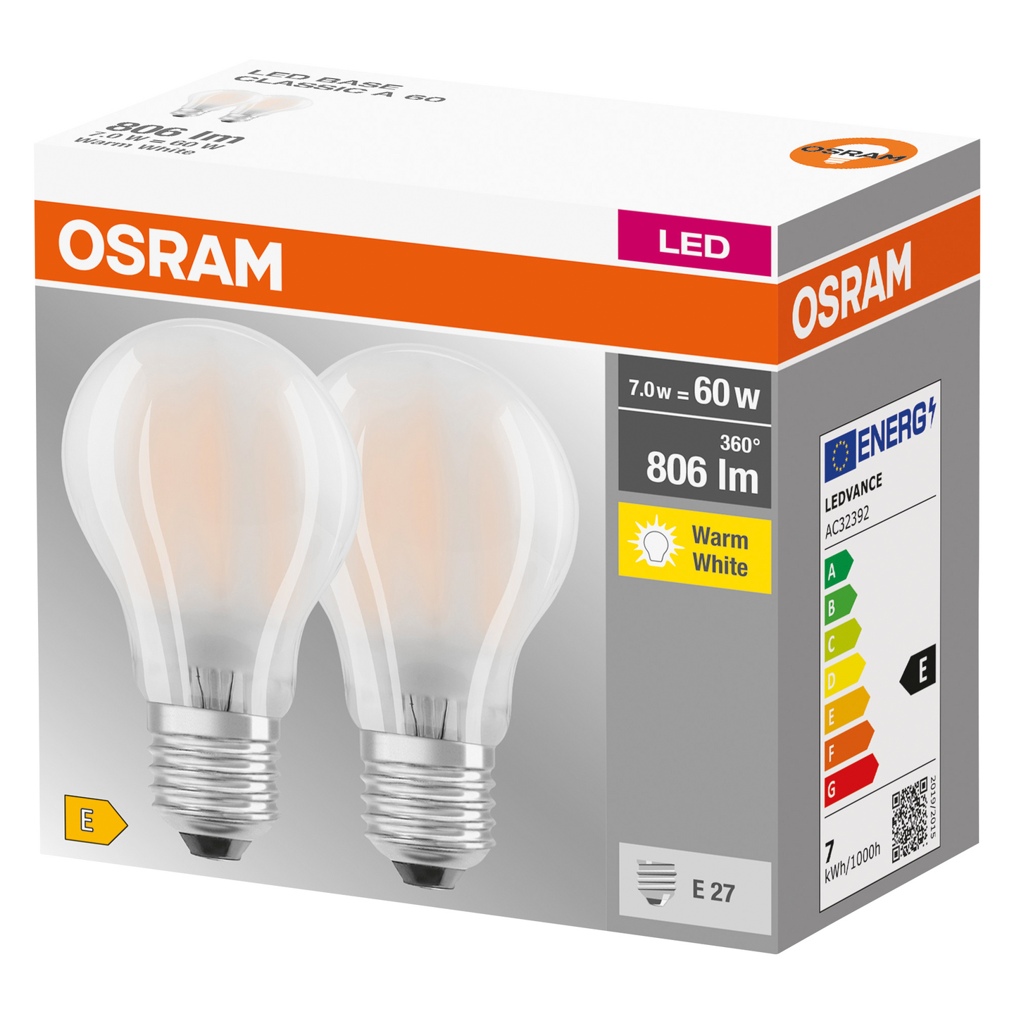 Led-lamppu OSRAM Base 806lm 827 E27 2kpl himmeä lasikupu