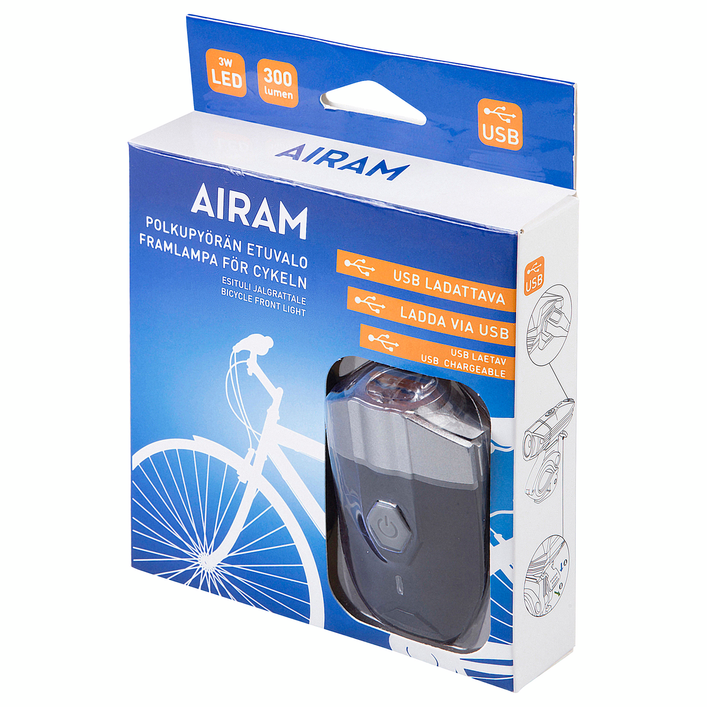 Polkupyörän etuvalo Airam USB-ladattava 3W 1200mAh 300lm