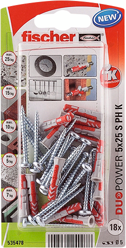 Nailontulppa Fischer Duopower 5x25mm PHK kupukanta ruuvi 18kpl