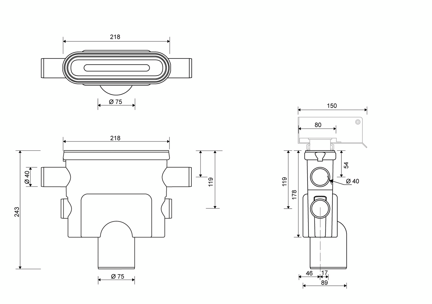 Pystykaivo Unidrain 1424 75mm 2x40mm sivuliitäntä