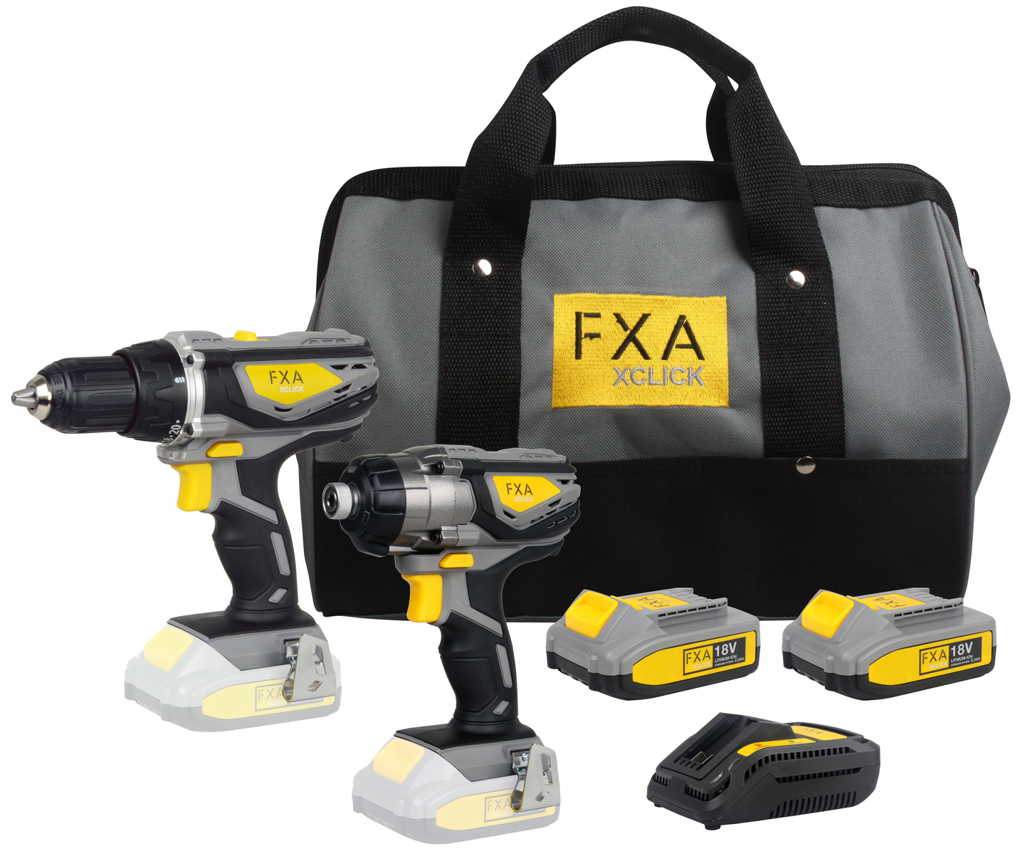 Akkukonesarja FXA 18V XCLICK Combo Kit 2x2,0Ah