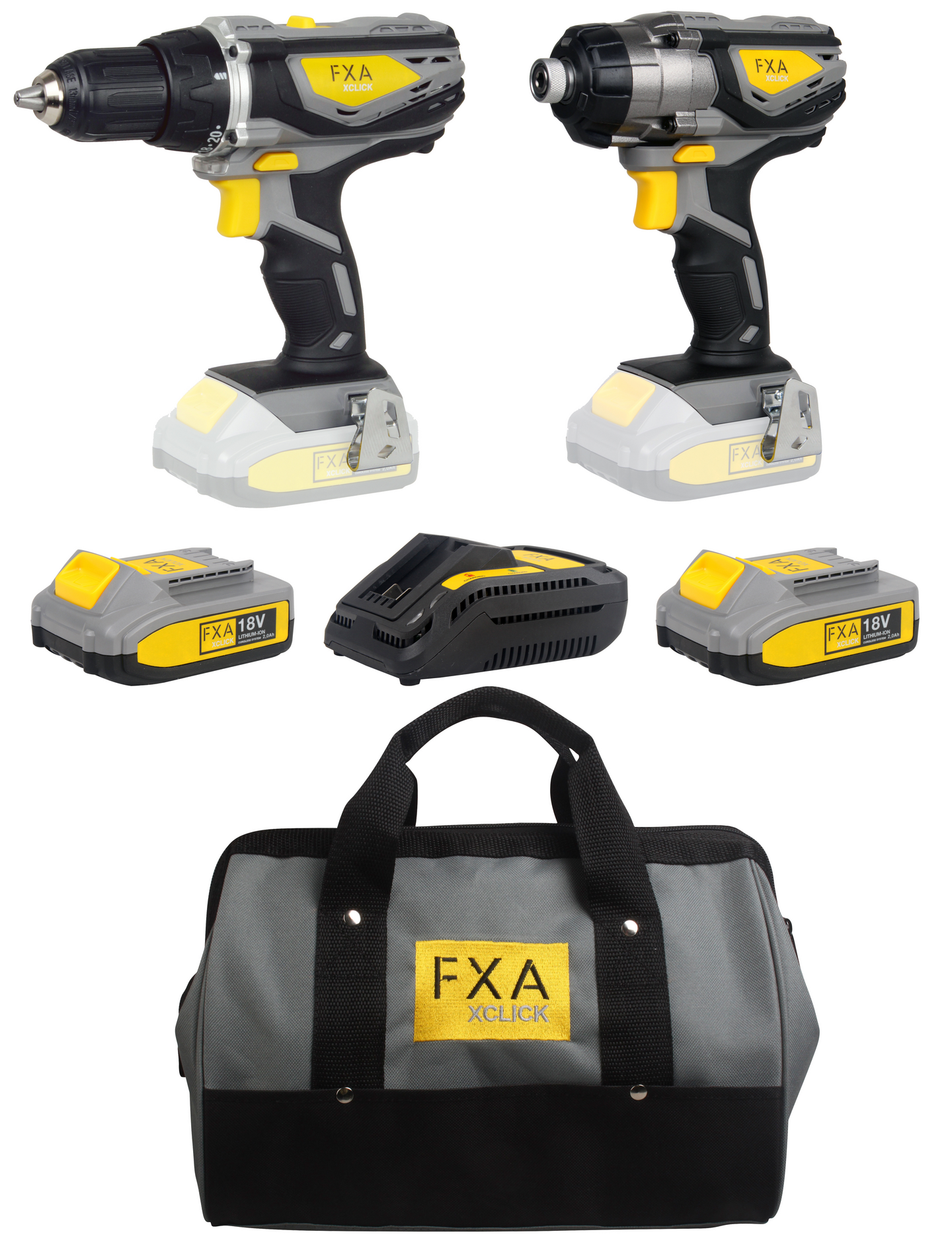 Akkukonesarja FXA 18V XCLICK Combo Kit 2x2,0Ah