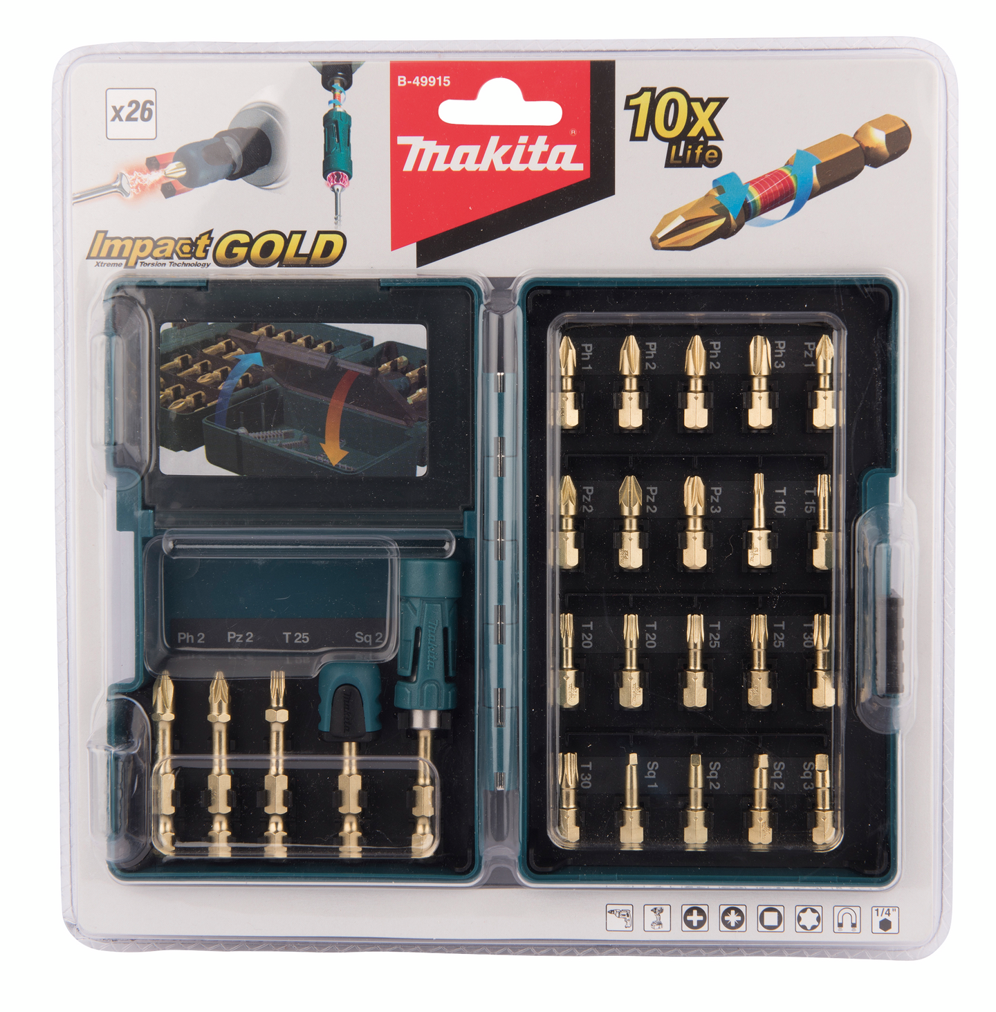 Ruuvikärkisarja Makita 26 osaa Impact Gold TX/PH/PZ