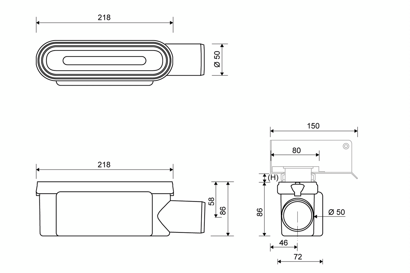 Vaakakaivo Unidrain 1415 50mm poisto sivu
