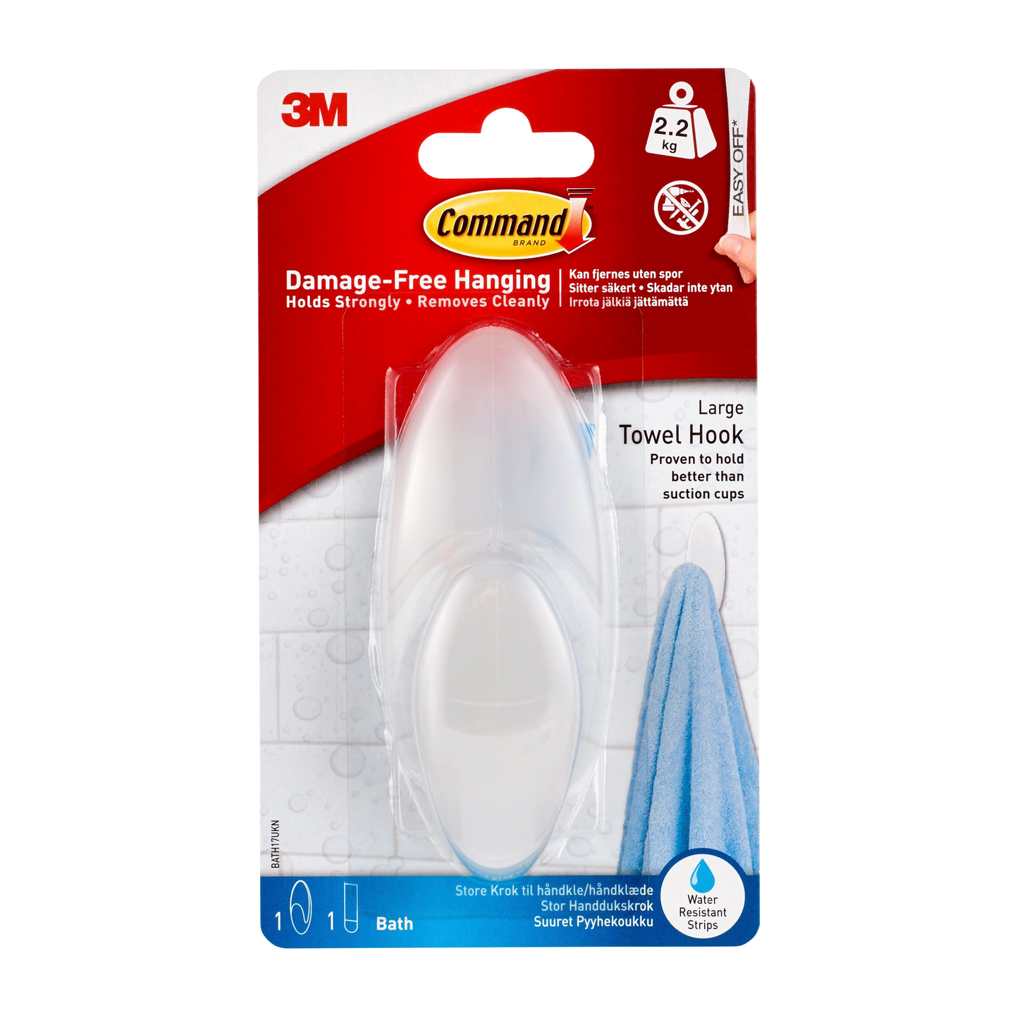 Koukku Command kylpyhuone vedenkestävä iso kirkas 1hk & 1s