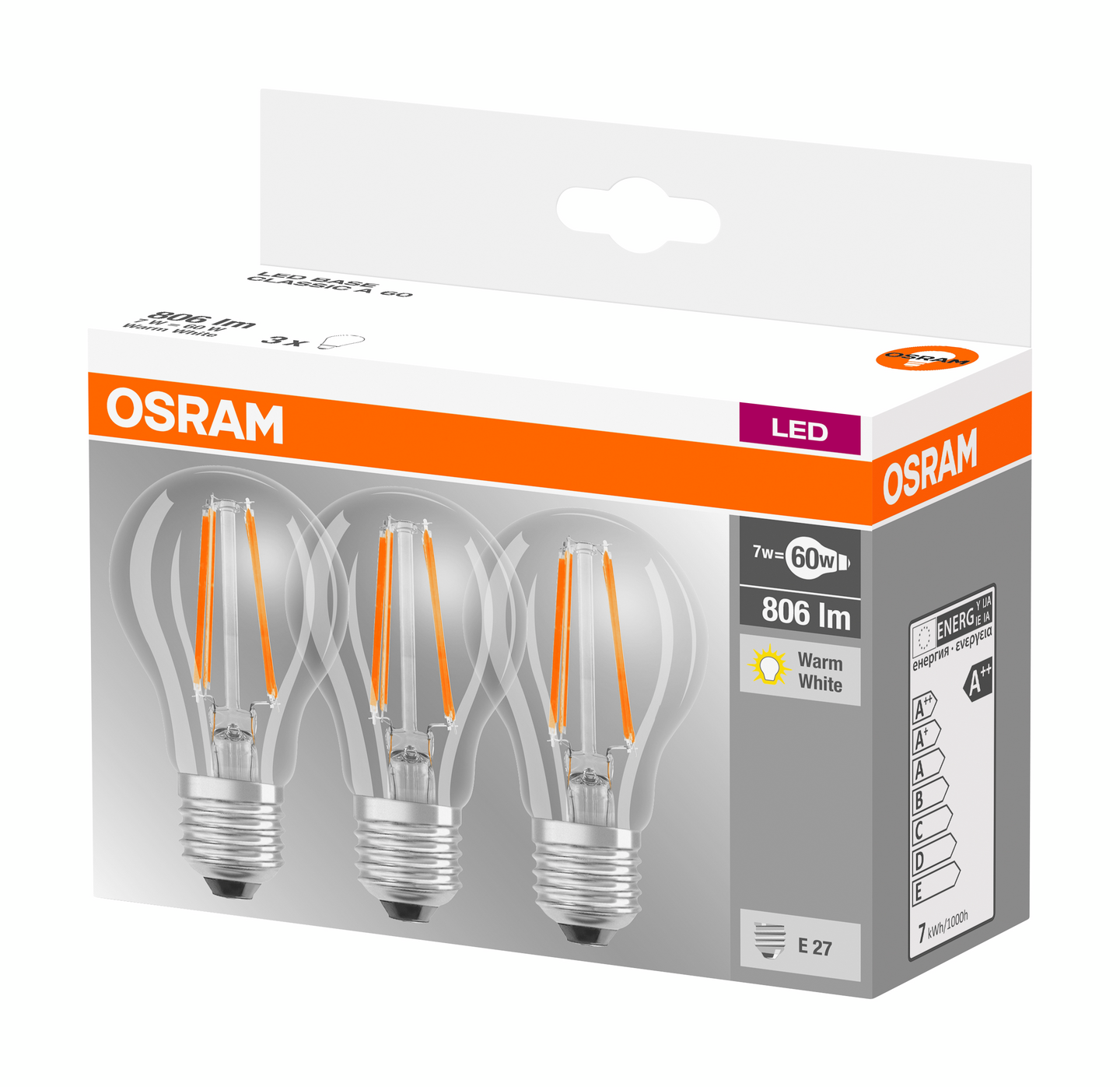 Led-lamppu OSRAM Base Filament 806lm 827 E27 kirkas 3kpl