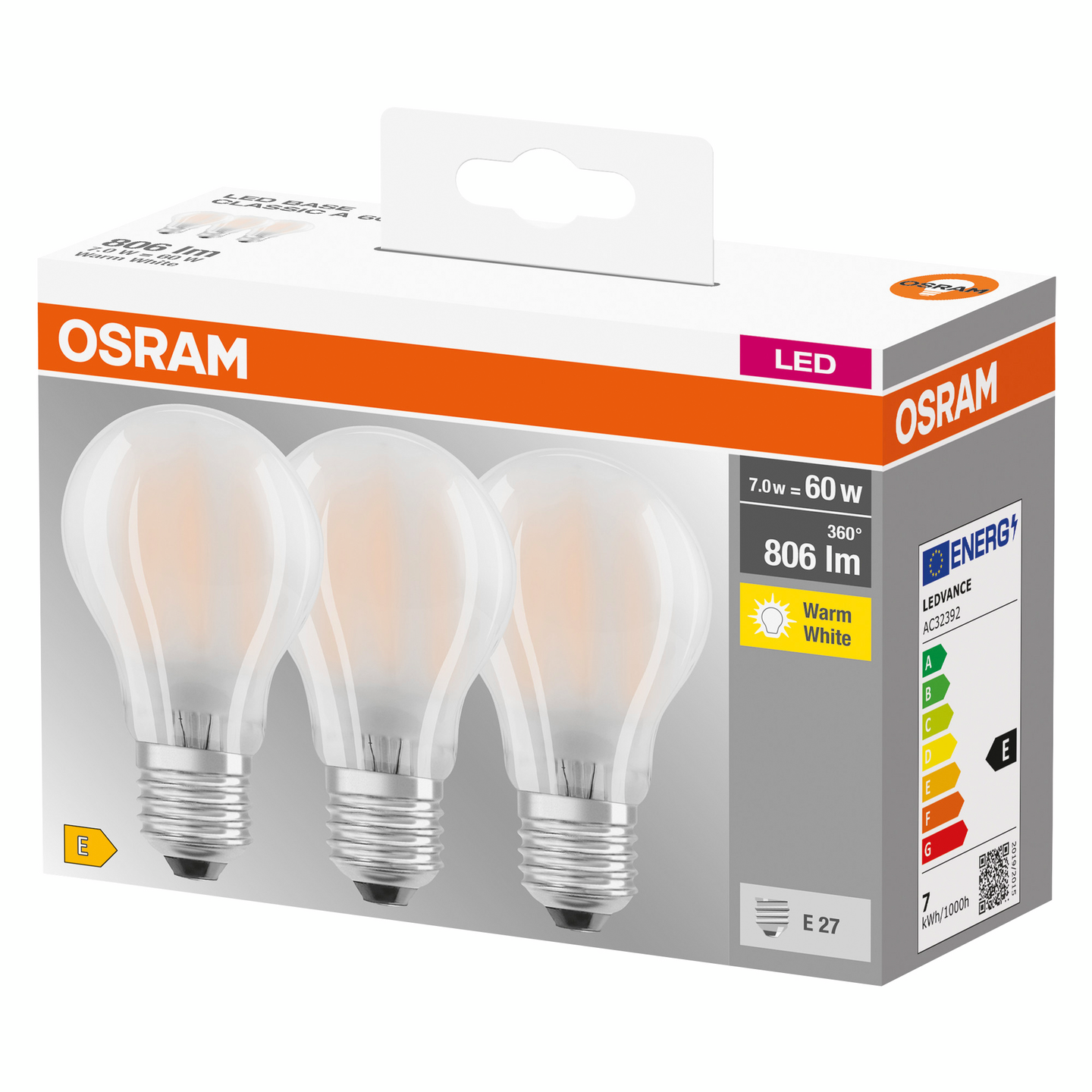 Led-lamppu OSRAM Base Filament 806lm 827 E27 himmeä 3kpl