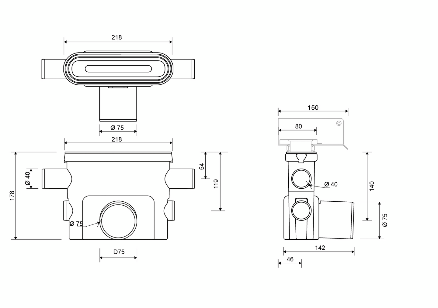 Vaakakaivo Unidrain 1423 75mm 2x40mm sivuliitoksella