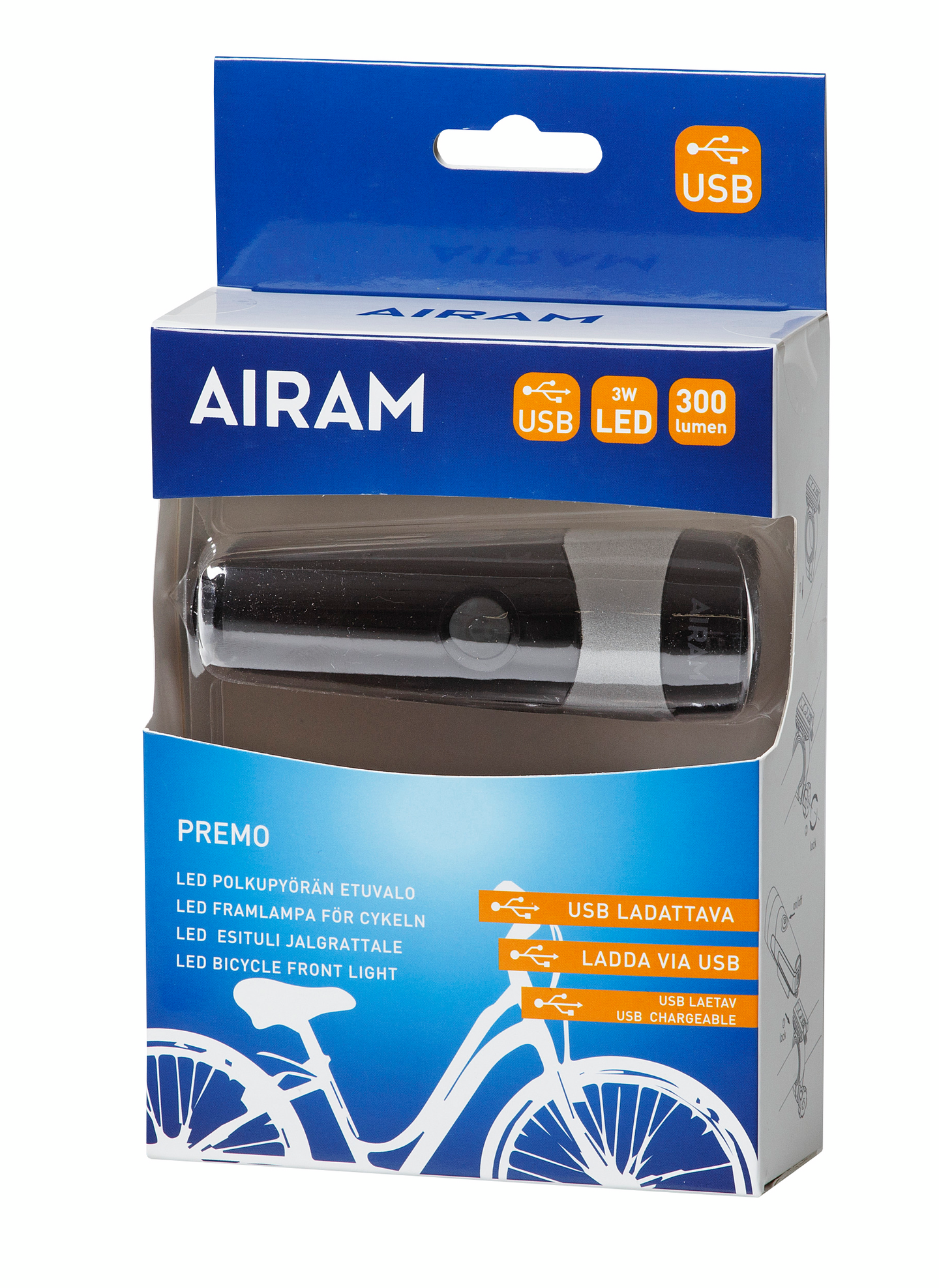 Polkupyörän etuvalo Airam Premo ladattava 3W 2000mAh 300lm