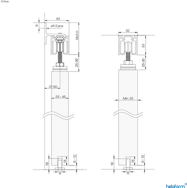 Liukuovikiskosetti Helaform 75 Flow Soft Close 2400mm