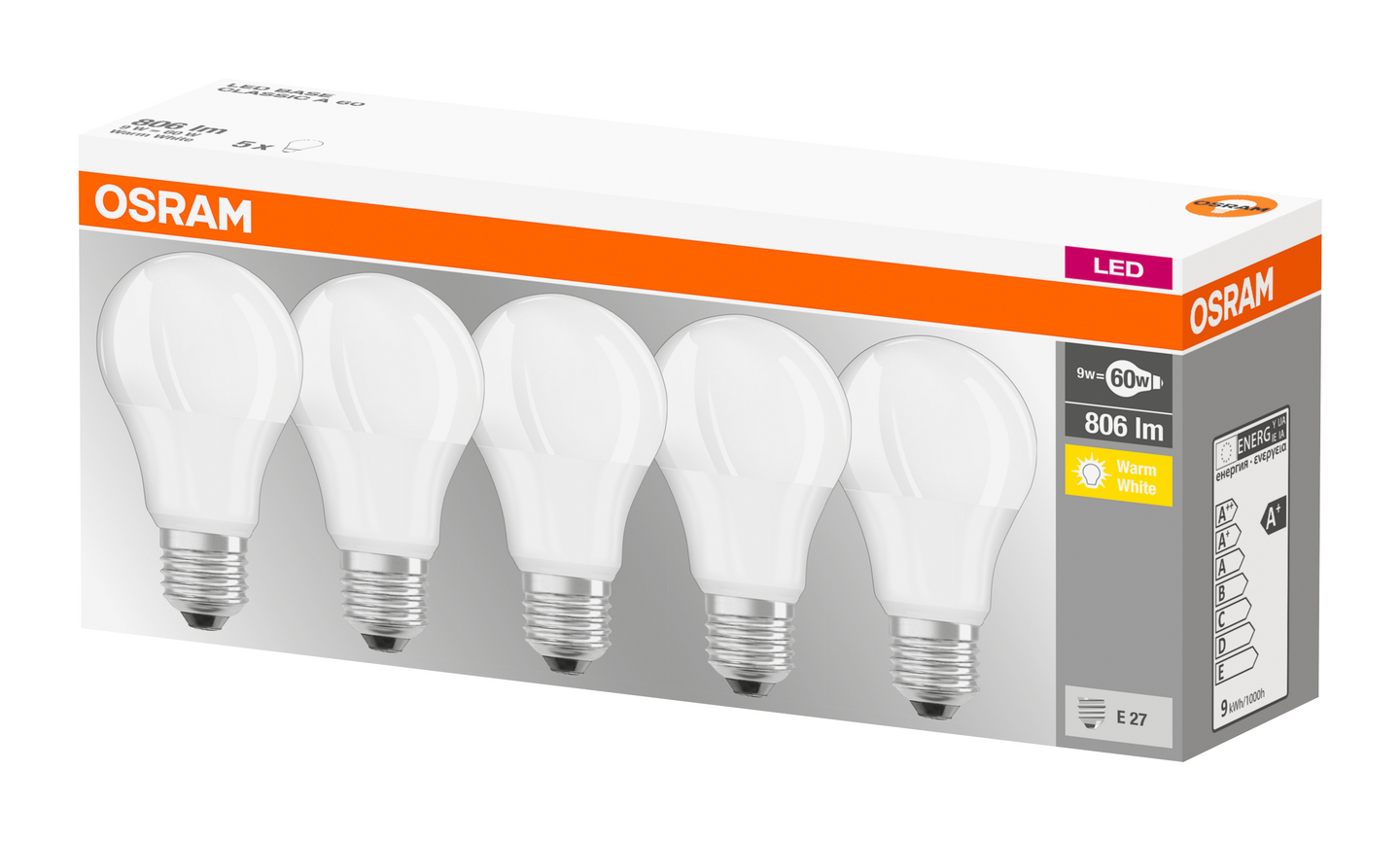 Led-lamppu OSRAM Base A60 806lm 2700K matta 5kpL E27