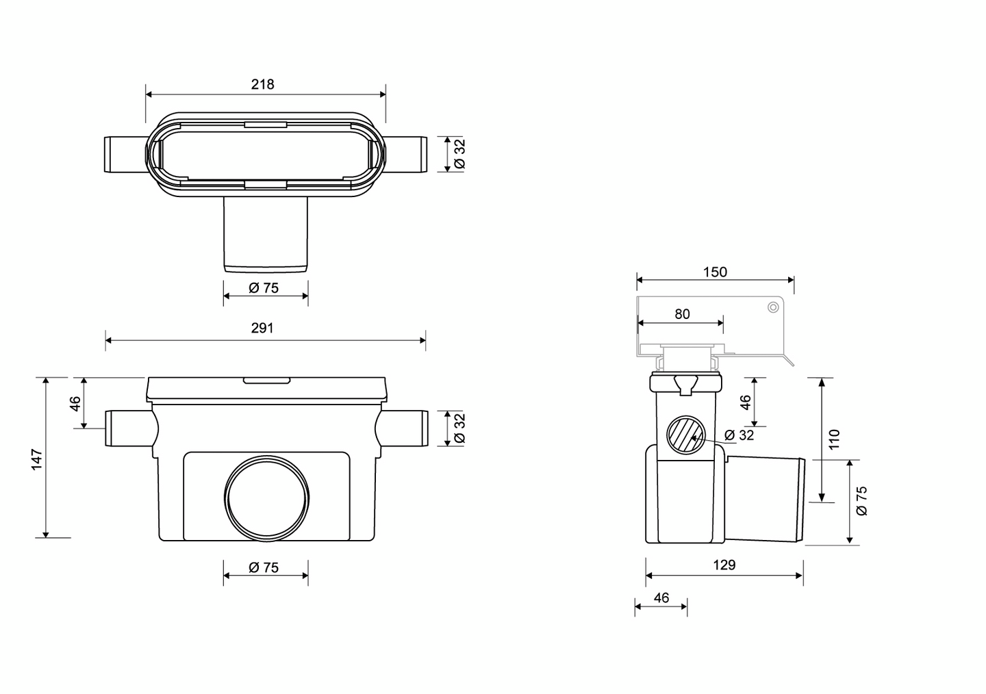 Vaakakaivo Unidrain linja 1433 75mm 2x32mm sivuliitoksella
