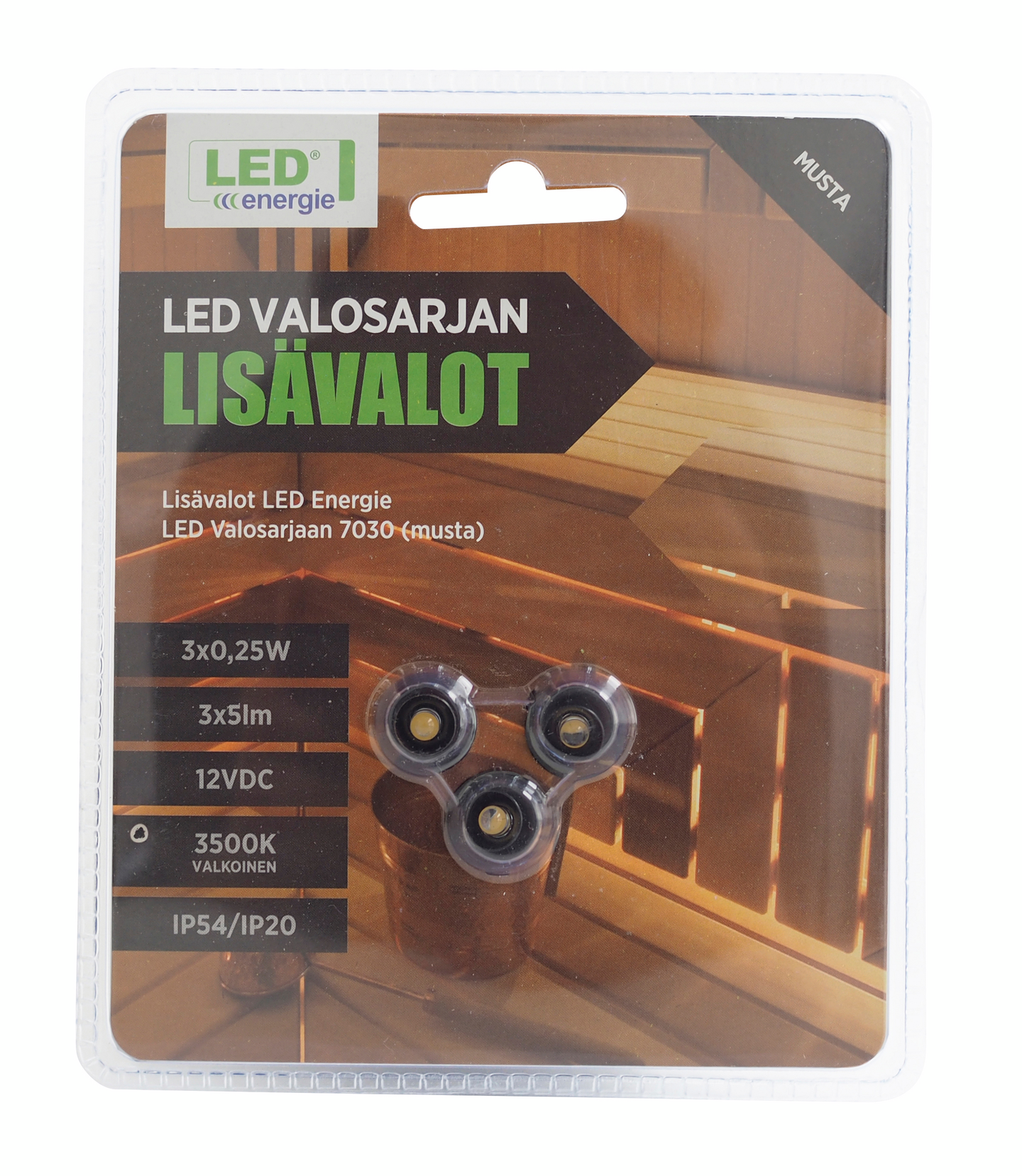 Lisävalaisin Led Energie-valosarjaan 3500K 5m johto 3kpl musta