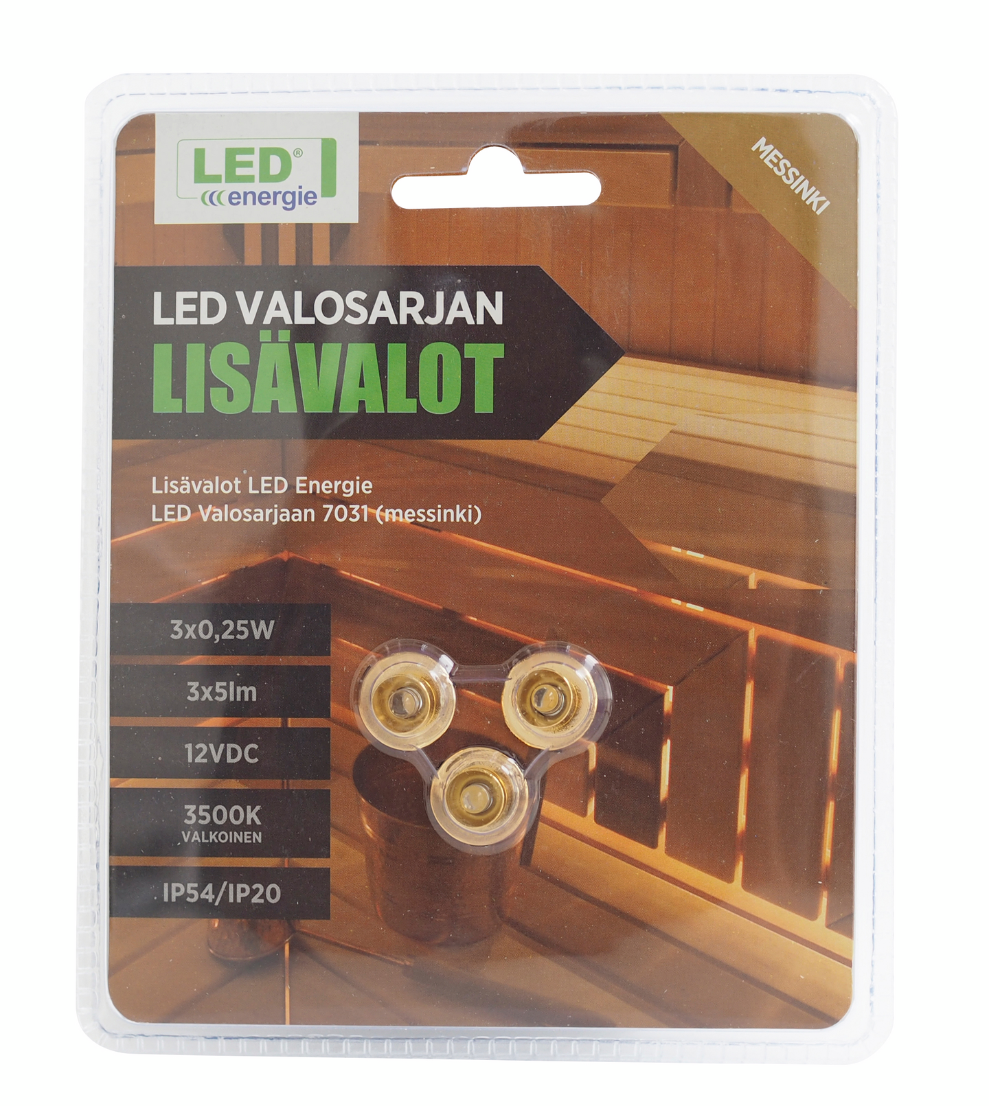 Lisävalaisin Led Energie-valosarjaan 3500K 5m johto 3kpl messinki