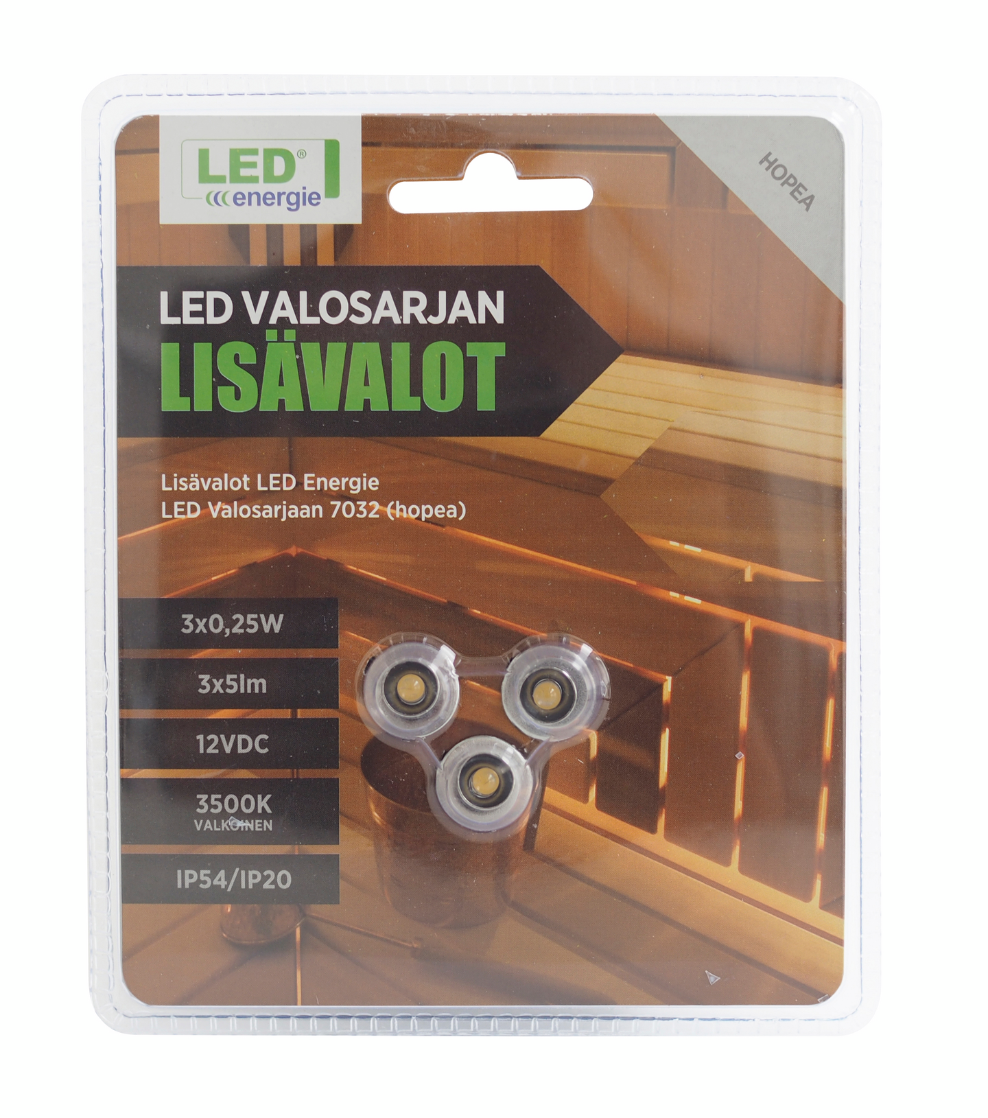 Lisävalaisin Led Energie-valosarjaan 3500K 5m johto 3kpl hopea