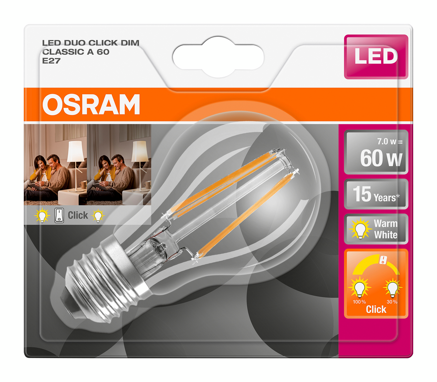 Led-lamppu Osram Star+ Duo Click DIM 806lm 827 E27 himmennys katkaisijalla