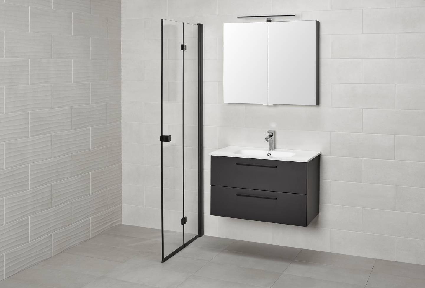 Suihkuseinä Cello Black 70x195cm taittuva kääntyvä musta