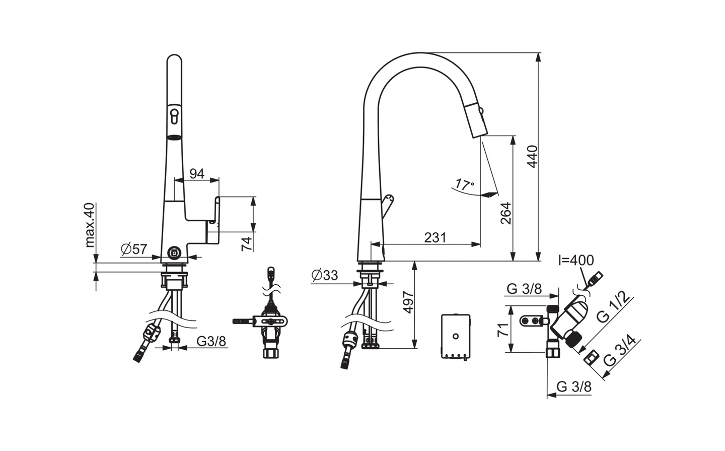 Keittiöhana Oras 3031F Inspera ulosvedettävä juoksuputki pesukoneventtiili