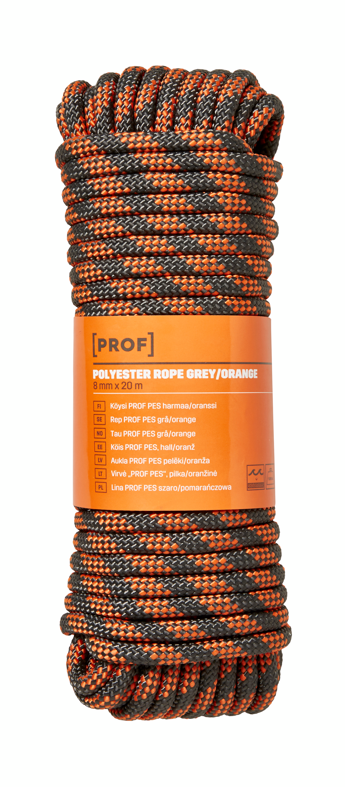 Köysi PROF polyesteri 8mm x 20m harmaa oranssi